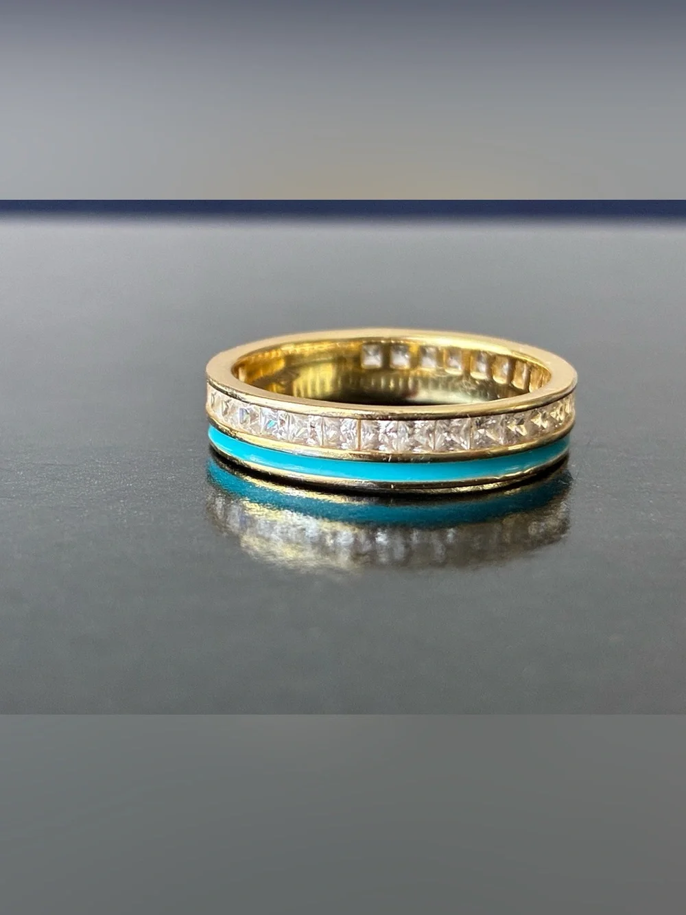 Sterling Silver 925 Stacking Ring/ Blue Enamel Gold Tone Sz 8.5